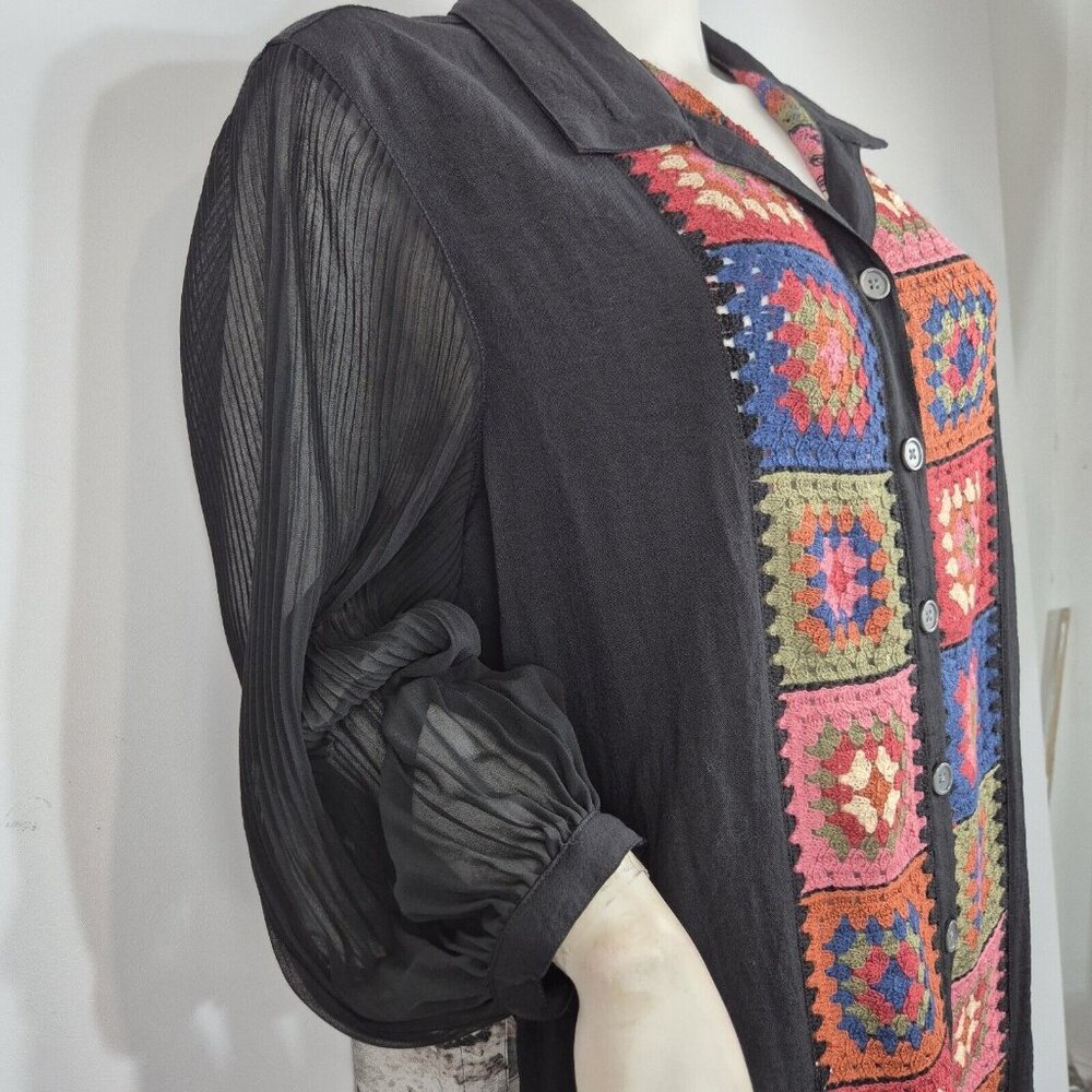 John Mark Womens M Black Button-Up Crochet Patchwork Tunic Blouse - Picture 8 of 14